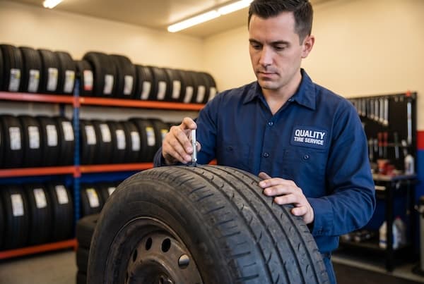 A technician measuring tread depth on a used tire